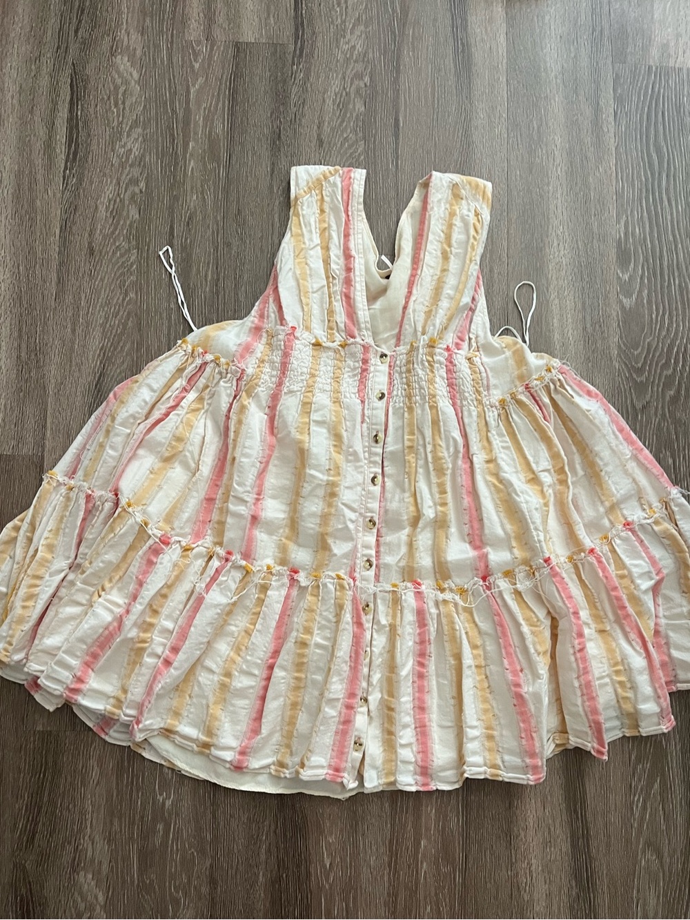 Free People Distressed Striped Tiered Mini Dress in Cream, Pink & Yellow